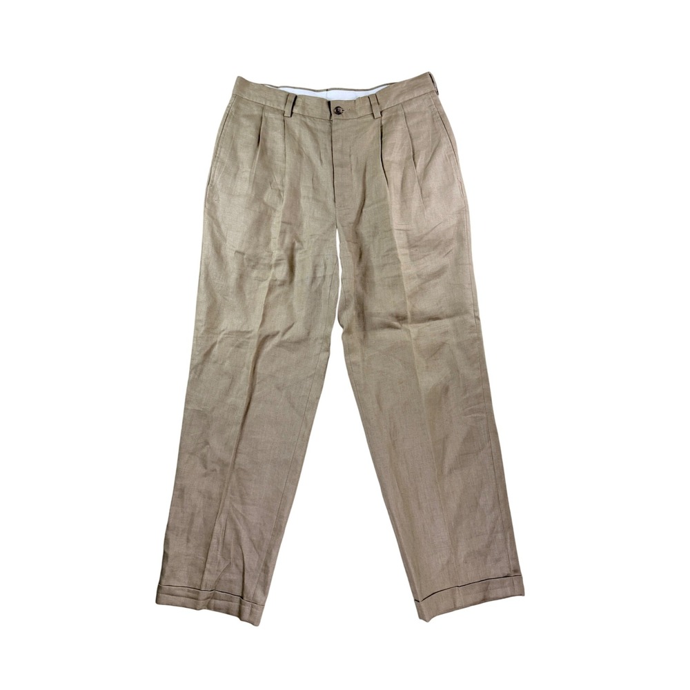 Brooks Brothers Linen Trousers Mens 33x32 Khaki Pleated Cuffed 346 Dress Pants
